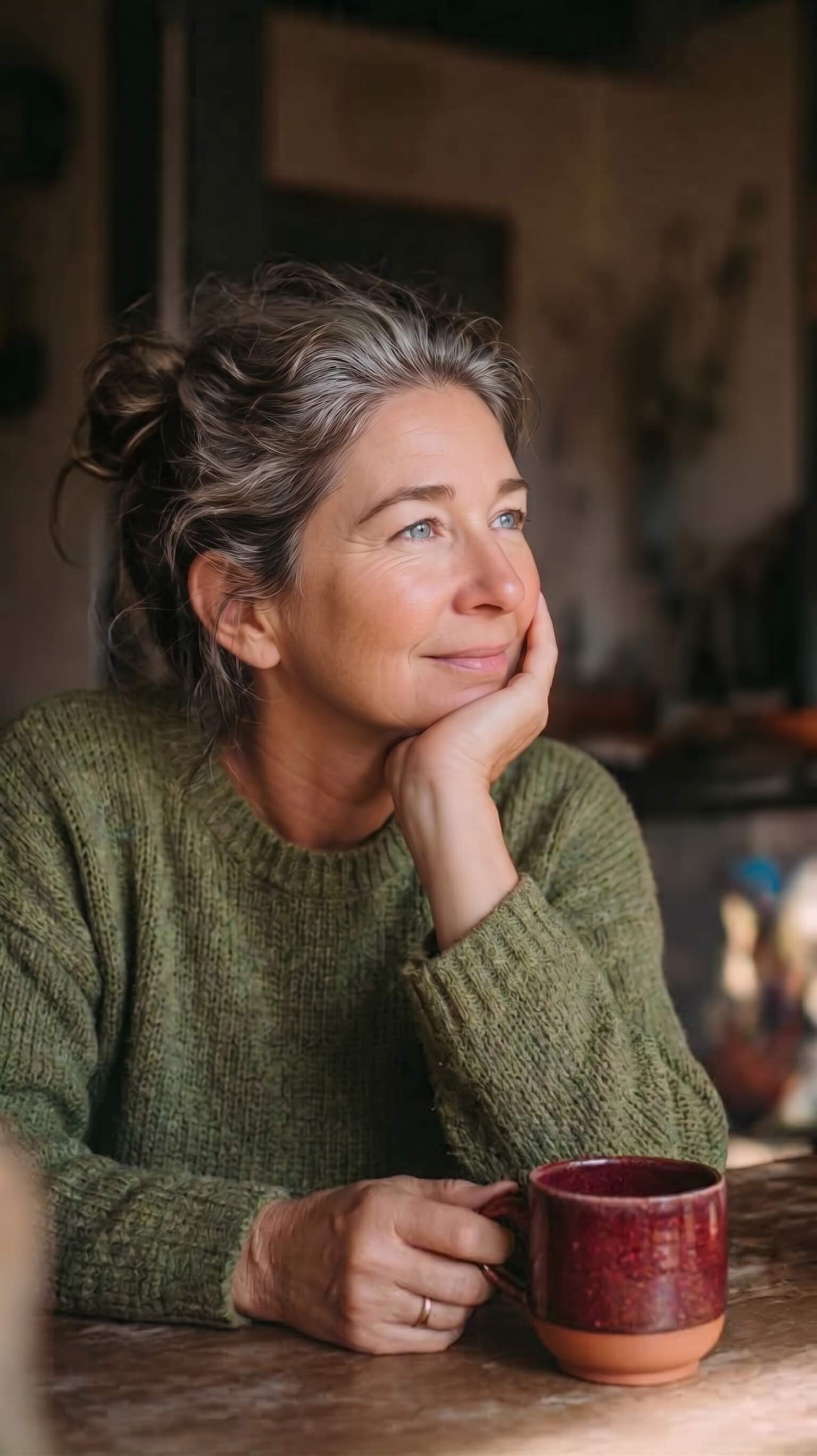 A woman smiles in a sunlit kitchen. She wears a green knit sweater. One hand rests under her chin. The other hand holds a red ceramic mug. Her calm posture shows autonomic resilience.